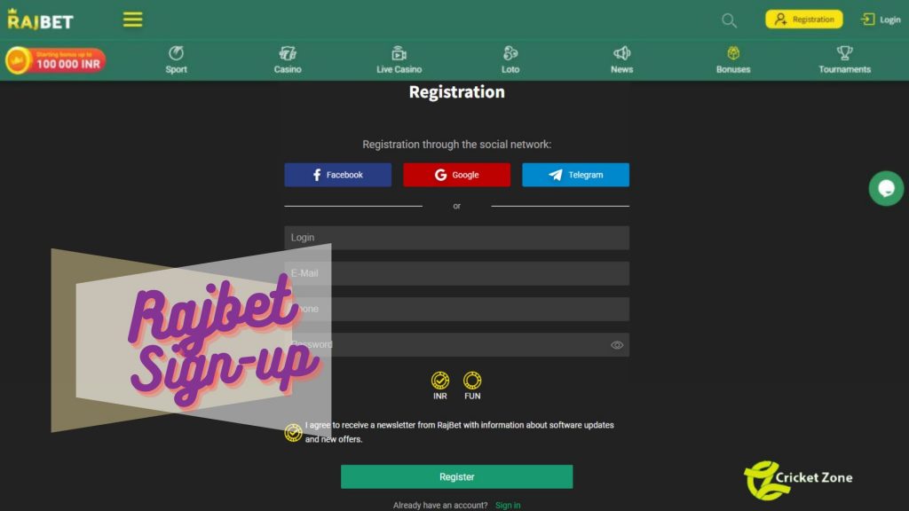 Registration steps at RajBet