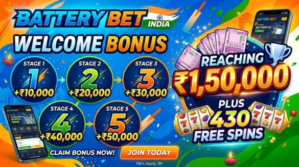 Battery Bet India Welcome Bonus: Five-Stage Deposit Match Reaching ₹1,50,000 Plus 430 Free Spins